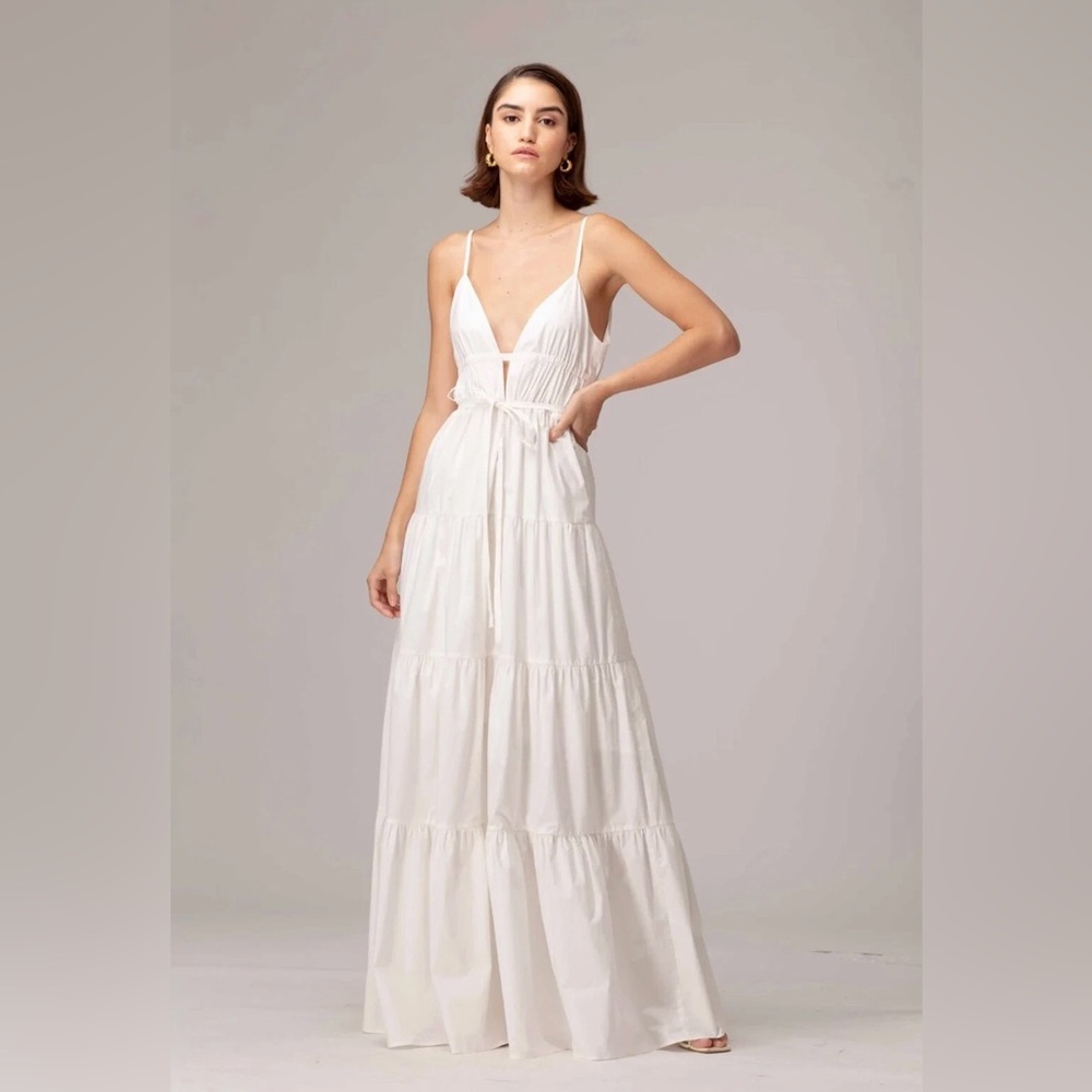 Anthropologie White Maxi Tiered Spaghetti-Strap Dress